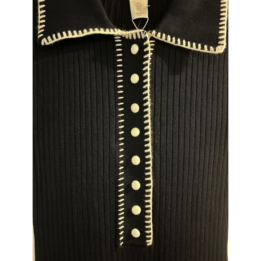 Caroline Constas Navy Blue Ribbed Knit Midi Dress White Blanket Stitch Medium - Picture 4 of 5